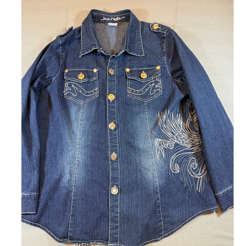 Janie Nicole Women Plus 20 Denim Shirt Embroidered Phoenix Dark Wash Blue 1307